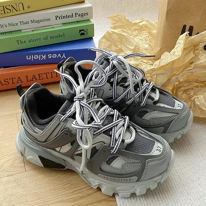 Brand Design Sneakers for Men, pair of grey chunky dad shoes with white laces