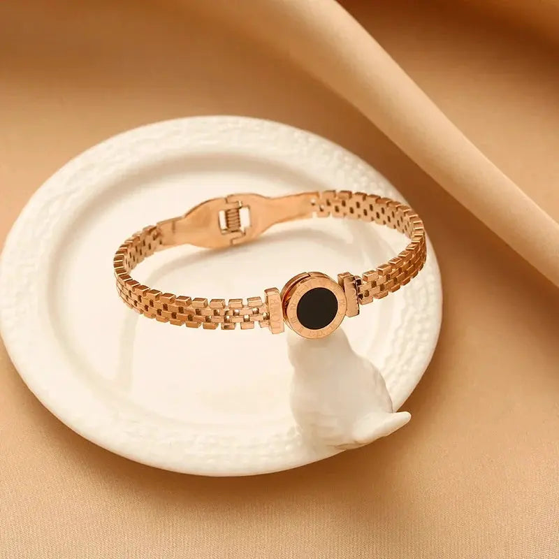 Women Black Stainless Steel And Acrylic Couple Bracelet With Carved Roman Numerals Fashion Cuff Gift