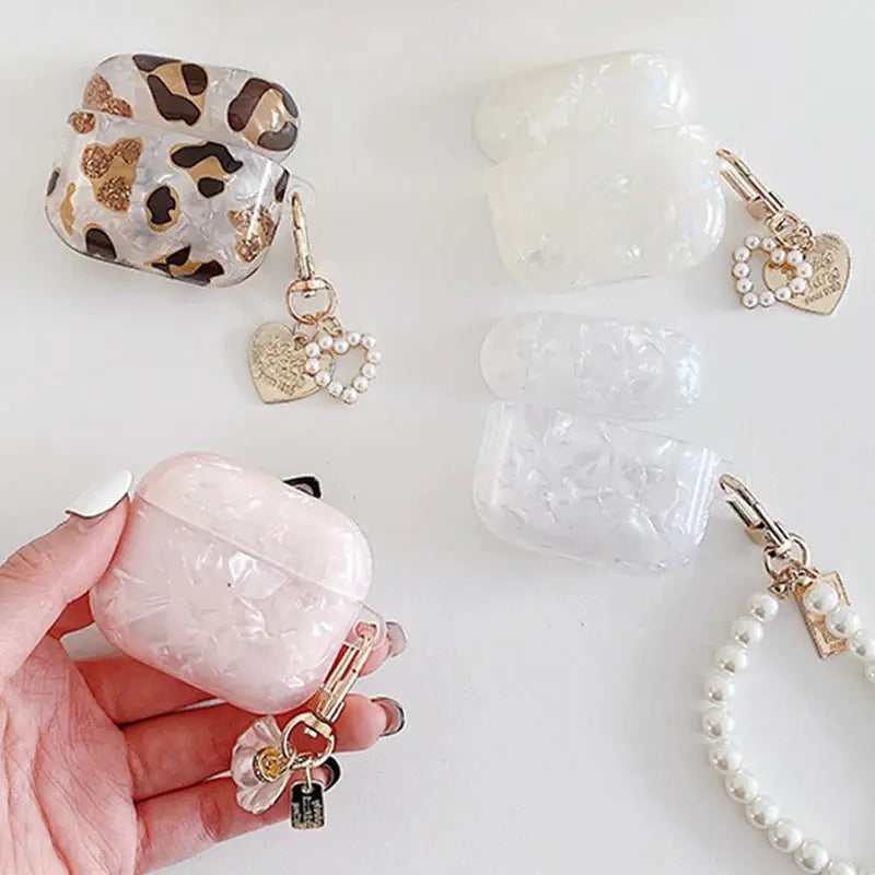 Leopard Girl AirPods Pro Case USB C 1 2 3 4 Soft Silicone Shockproof Cover With Pearl Shell Keychain