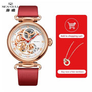 Seagull Fashion women's skeleton mechanical watch with rose-gold case and red leather strap; includes necklace set.