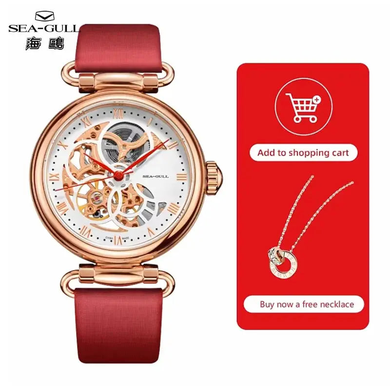 Seagull Fashion women's skeleton mechanical watch with rose-gold case and red leather strap; includes necklace set.