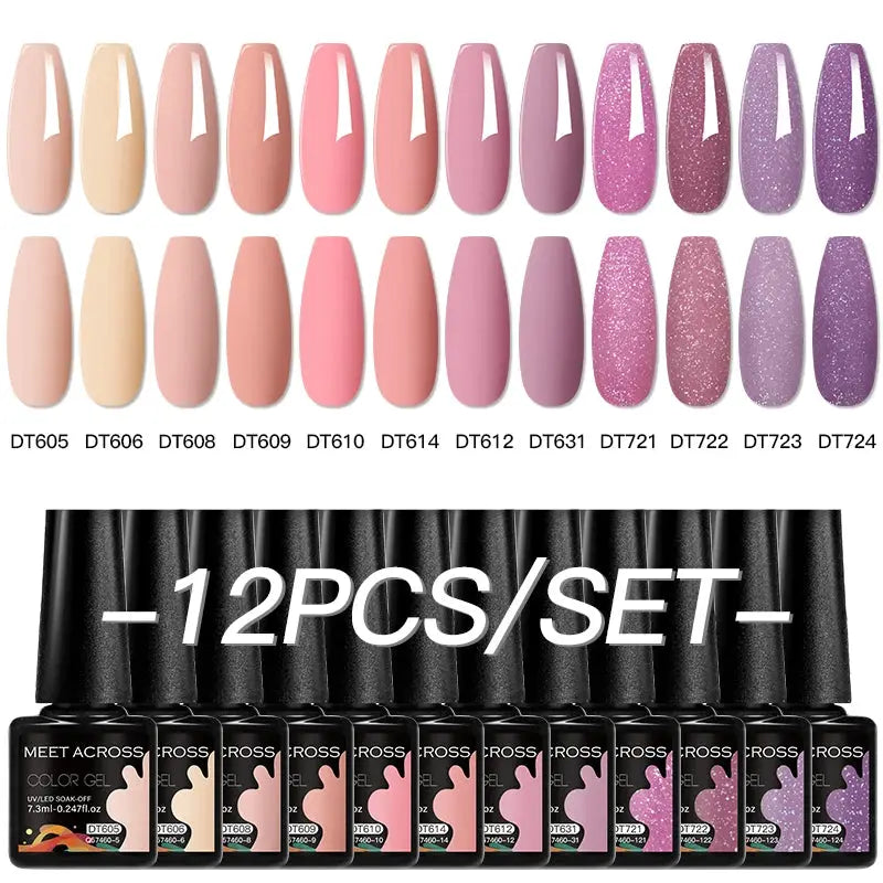 Meet Across 12pcs gel nail polish set featuring pink glitter and macaron blue shades for spring and summer manicures