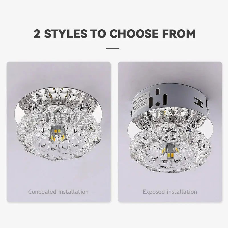 Aisle Flush LED ceiling lamp by Simples Market, crystal glass finish; 2 styles: concealed or exposed installation