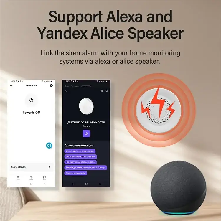 Tuya Zigbee WiFi Smart Siren Alarm 100dB by Simples Market, Alexa/Yandex compatible, shown with app and smart speaker.