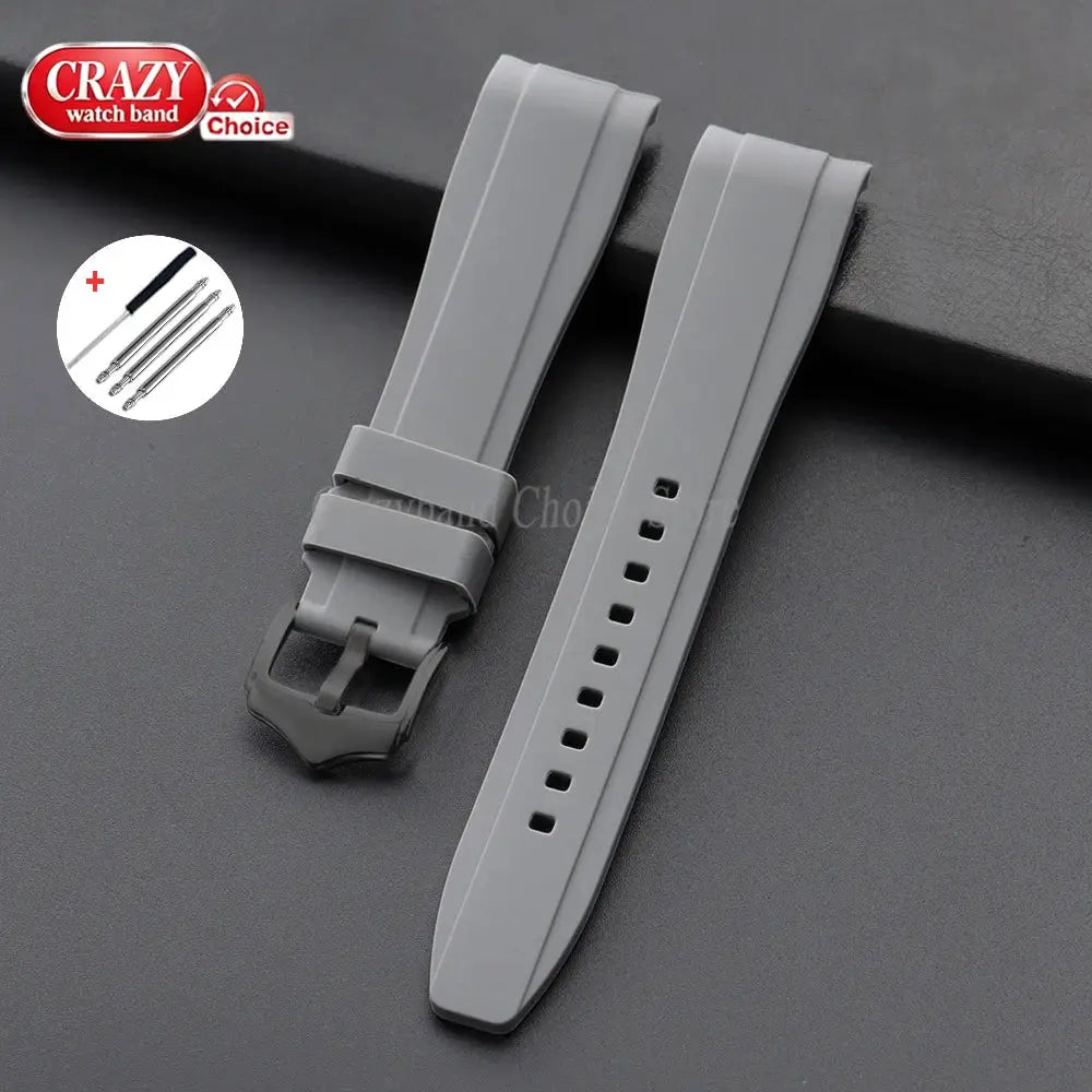 Grey silicone watch strap by Crazy watch band, two-piece 20/22mm curved-end; universal fit, buckle clasp, waterproof