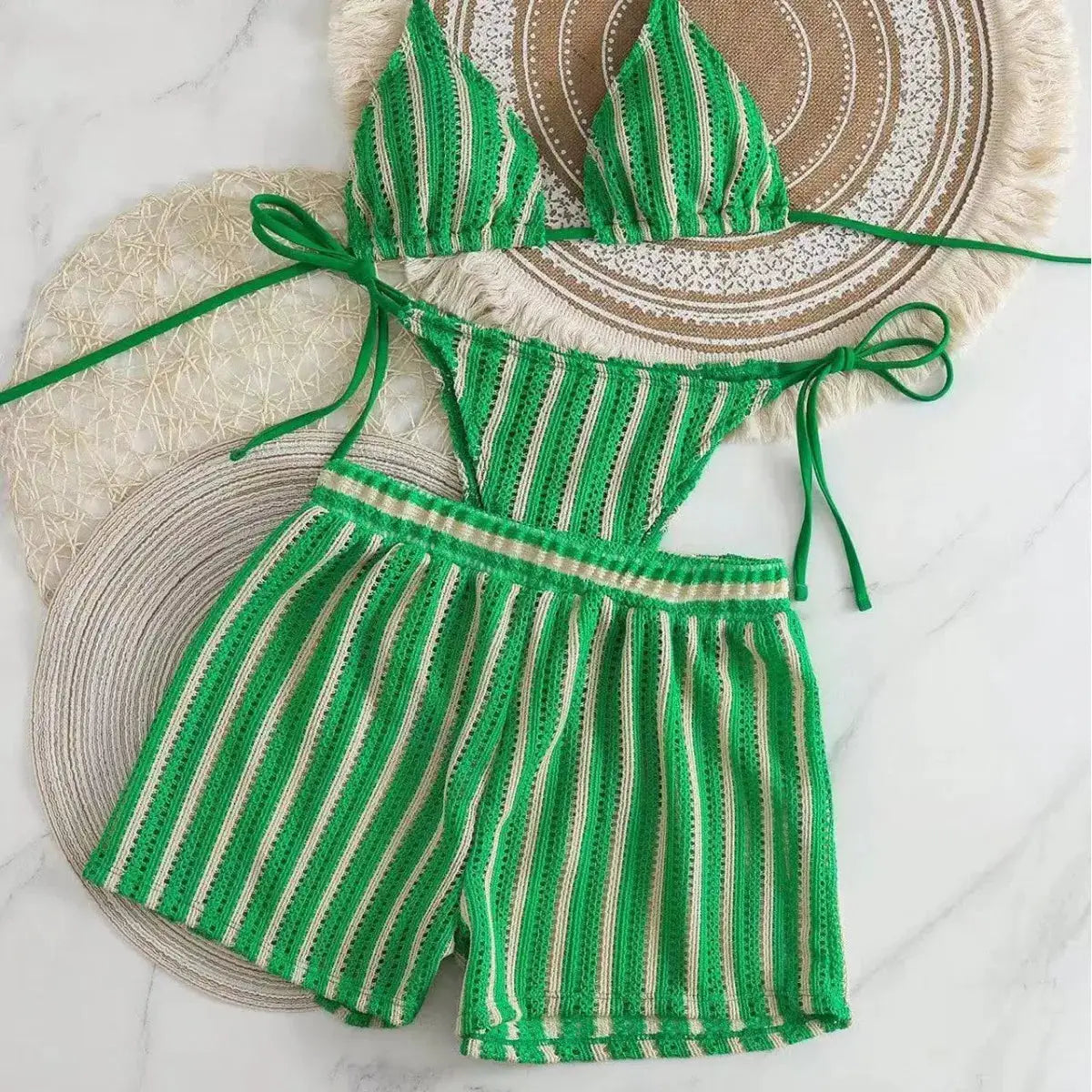 Simples Market green striped mesh three-piece bikini set with lace-up neck top and shorts