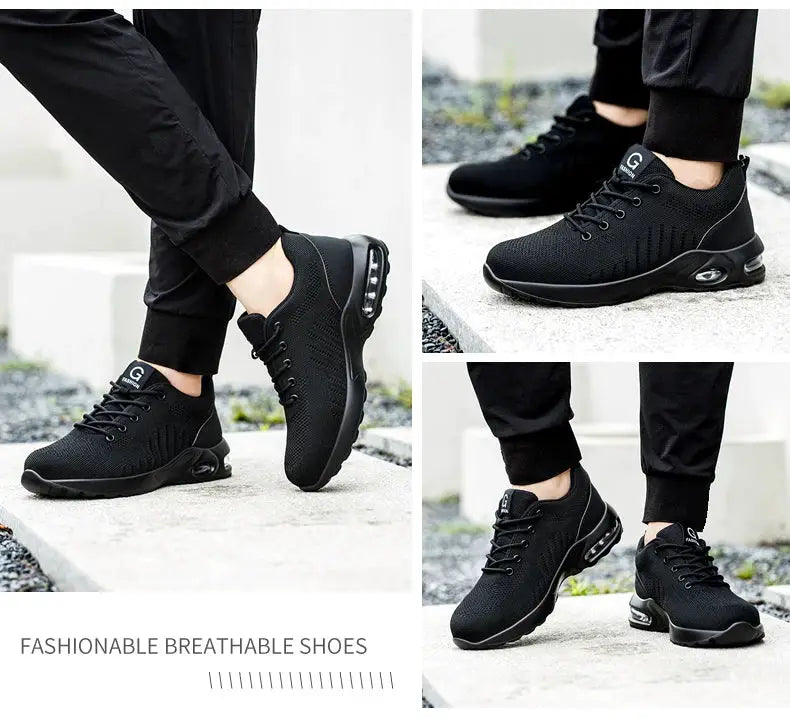 Air cushion work safety shoes, black breathable mesh sneakers with air-sole heel and lace-up design (G logo)