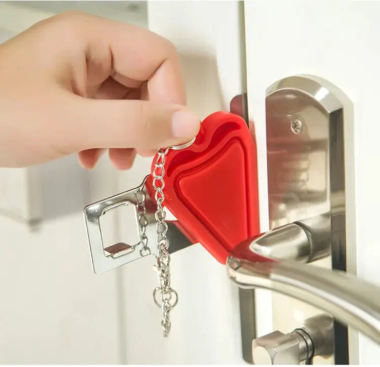 Security portable door lock latch, red plastic body with metal chain and locking plate for travel safety