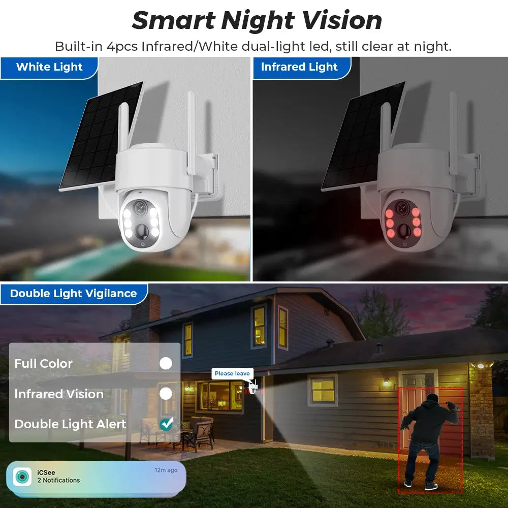 5MP HD wireless solar outdoor camera with built-in 7800mAh battery and solar panel, dual white/IR lighting