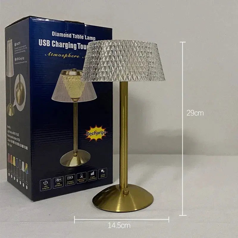 Rechargeable LED night light with brass base and diamond-pattern glass shade; USB charging bedside lamp.