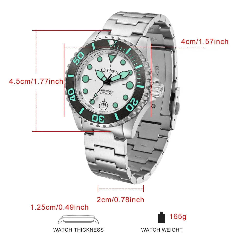 CADISEN Aqua Diver stainless steel automatic diver watch with teal lume, 100m water resistant