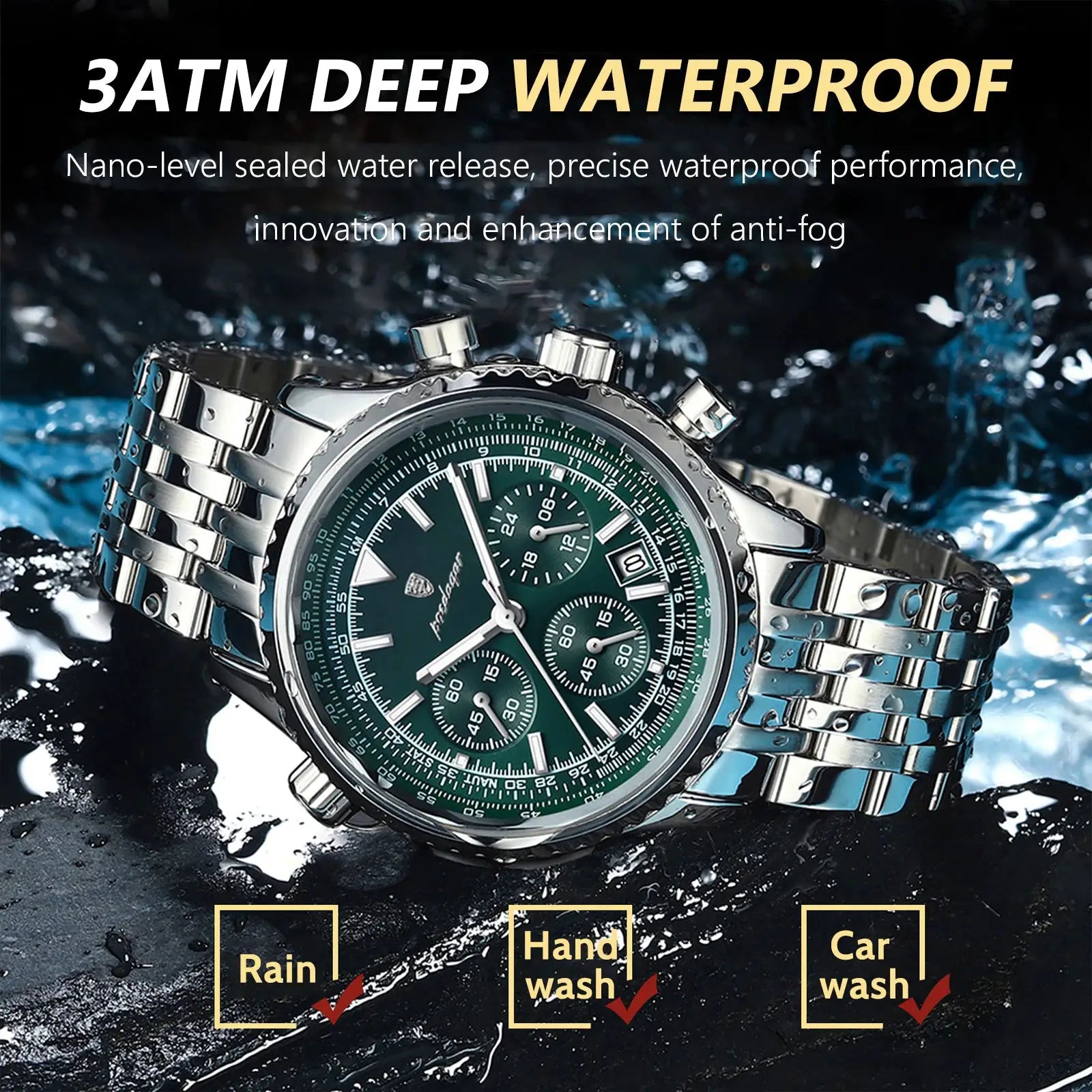 POEDAGAR men's luxury stainless steel chronograph watch with green dial, waterproof