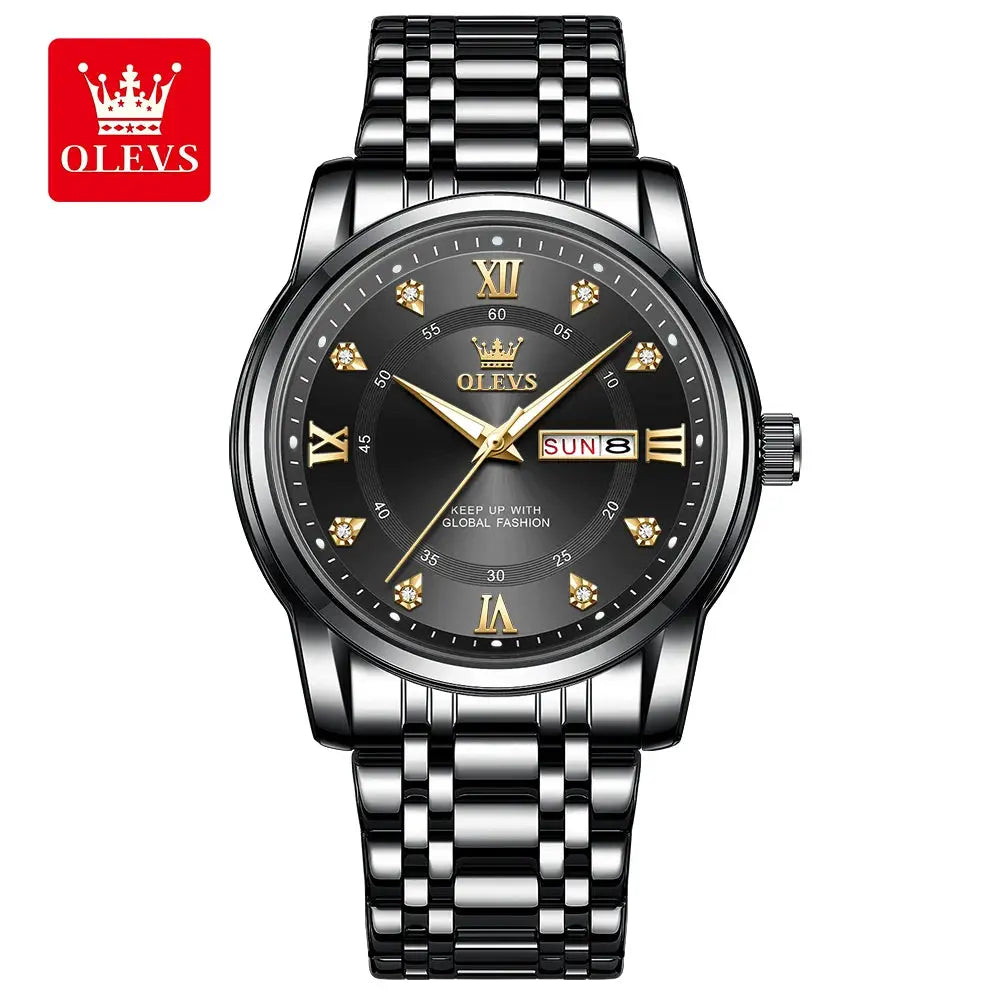 OLEVS men's stainless steel quartz watch with black dial, gold Roman numerals, diamond markers, dual calendar.