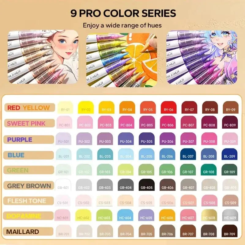 9Pcs acrylic brush pen set color swatch chart showing 9 color families
