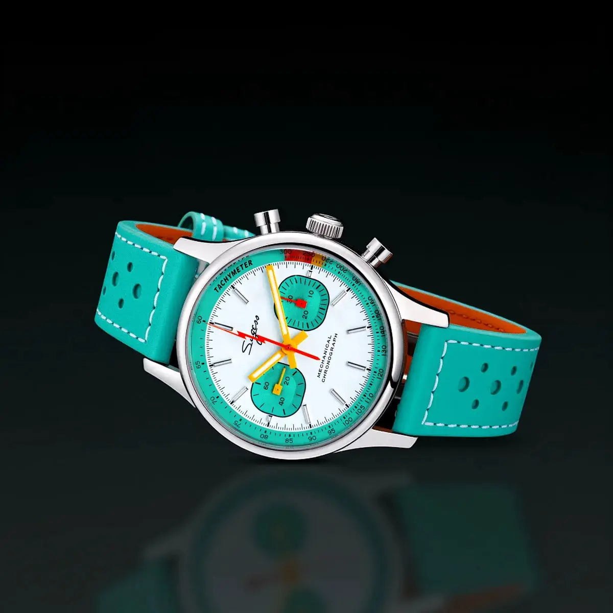Sugess chronograph wristwatch for men with teal strap, white dial, turquoise subdials, and tachymeter bezel