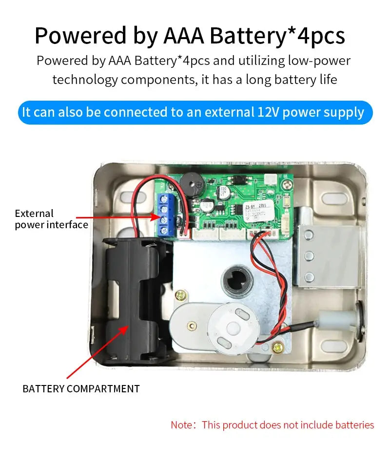 Electronic door lock internals with battery compartment, circuit board, and external power interface