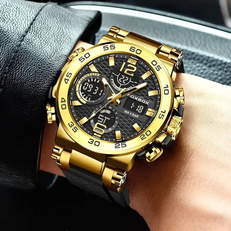 FOXBOX men's gold-tone chronograph watch with black dial and stainless steel strap.