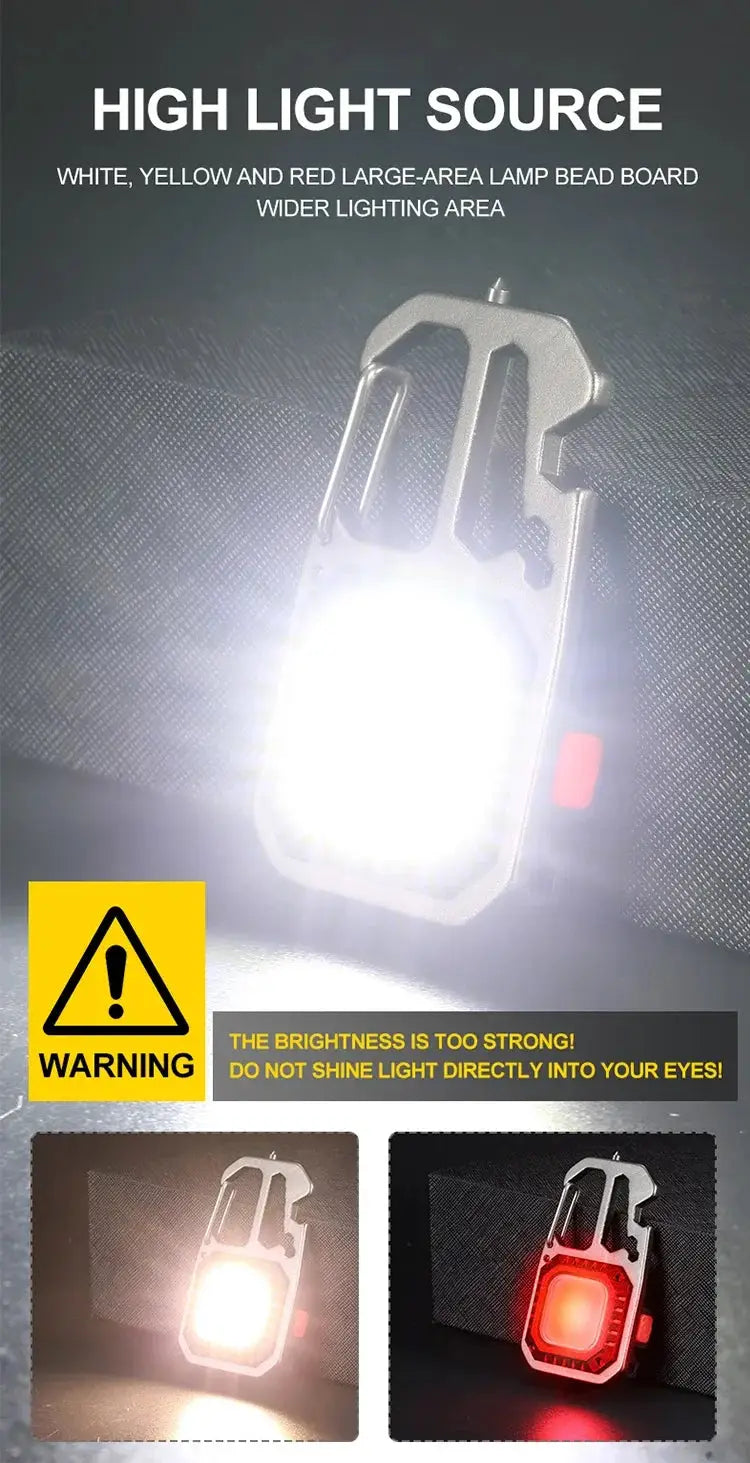 COB keychain work light with battery display; metal frame LED, rechargeable portable for camping