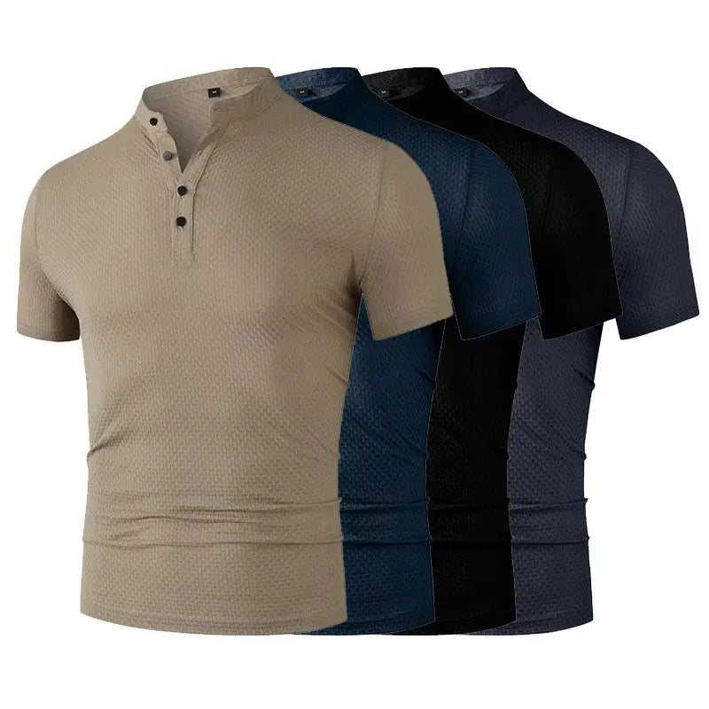Men's polo shirt set; five breathable textured short-sleeve tops in beige, blue, navy, black, and charcoal.