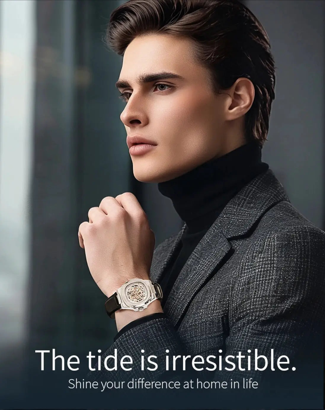 Men's skeleton automatic watch with brown leather strap and silver metal case