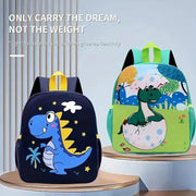 Two canvas schoolbags for kids: navy blue dinosaur and green egg-dino backpacks by Simples Market.