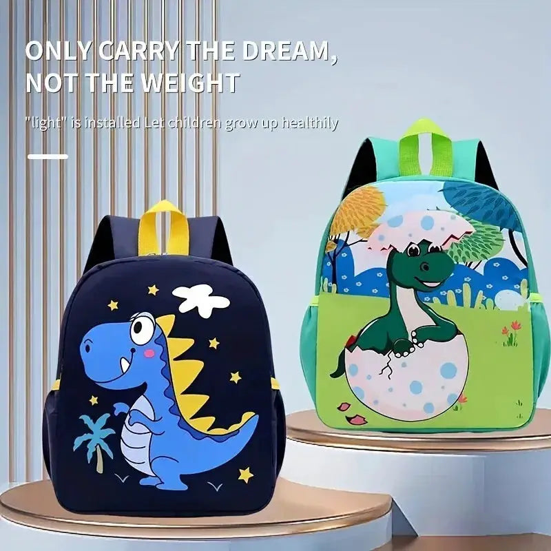 Two canvas schoolbags for kids: navy blue dinosaur and green egg-dino backpacks by Simples Market.