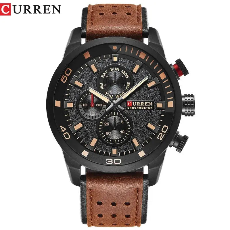 CURREN 8250 men's waterproof three-hand watch with brown perforated leather strap