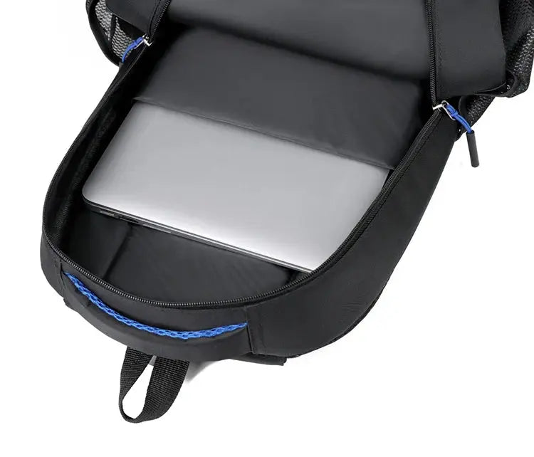 Backpack by Simples Market, black with blue zipper pulls, large-capacity bag for travel, office, or school.