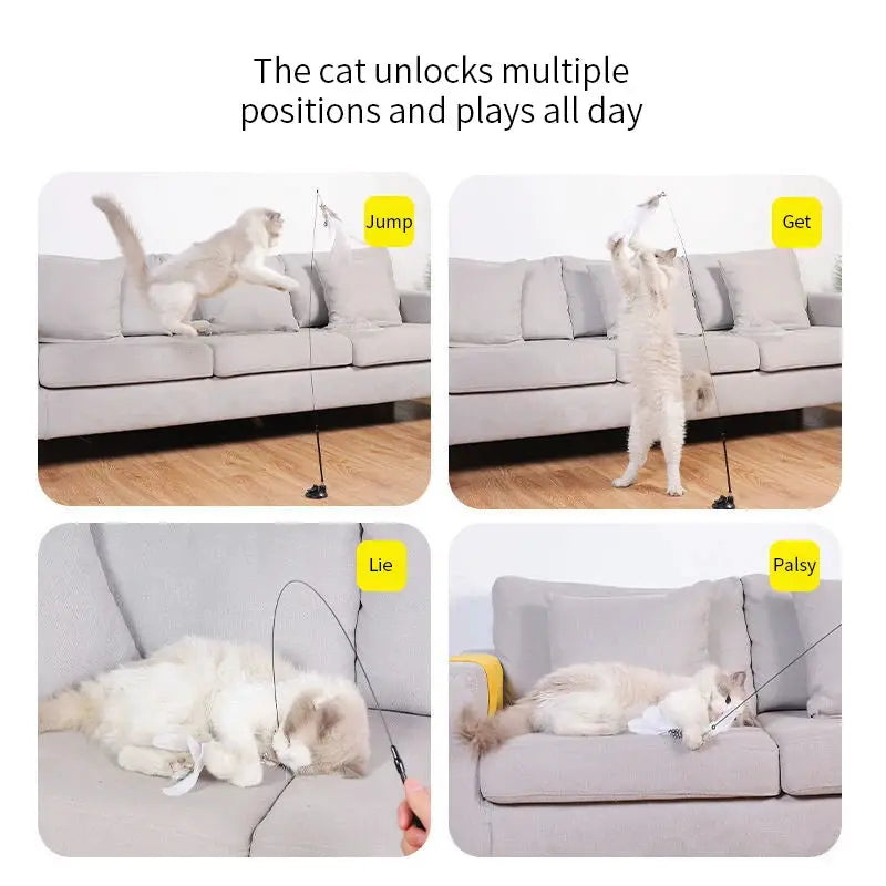 Interactive Cat Toy Hands Free Cat Wand Teaser Wand With Feathers Bell Suction Cup Bird Toy Pet Supplies