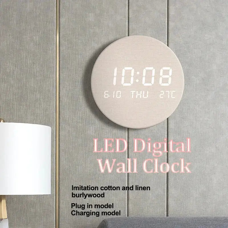 LED digital wall clock by Simples Market with temperature, date and time display in a round beige finish