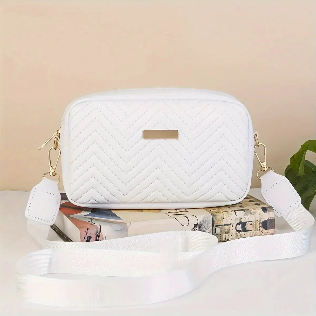 Simples Market white quilted PU mini crossbody bag with gold hardware and adjustable strap