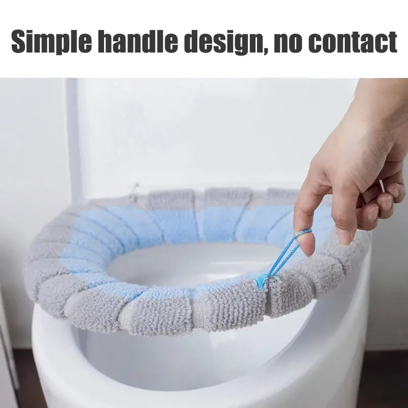 Toilet seat cover pad, plush grey with blue center, stretchable elastic