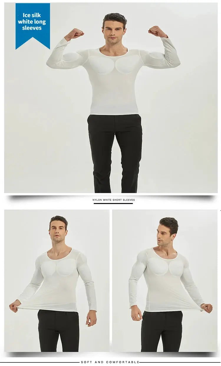 3D muscle chest undershirt in white, nylon long-sleeve body shaper with built-in abdominal pads for cosplay
