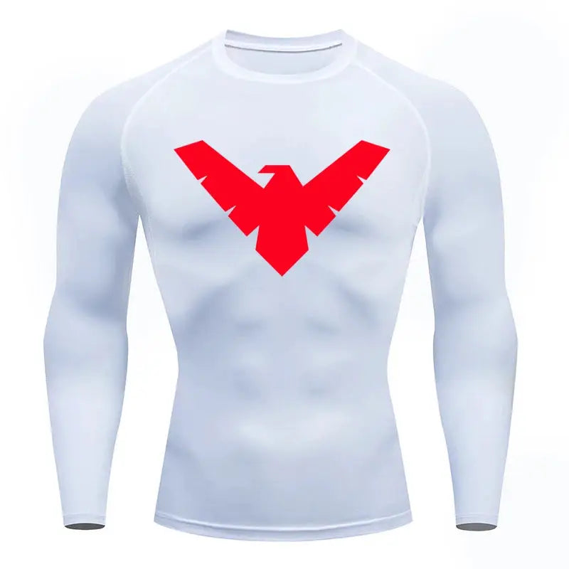 Long-sleeve compression shirt for men, white with red chest logo