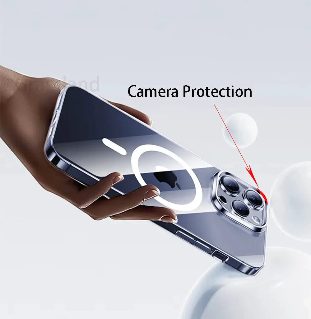 Transparent MagSafe iPhone back cover with camera protection, shown in hand