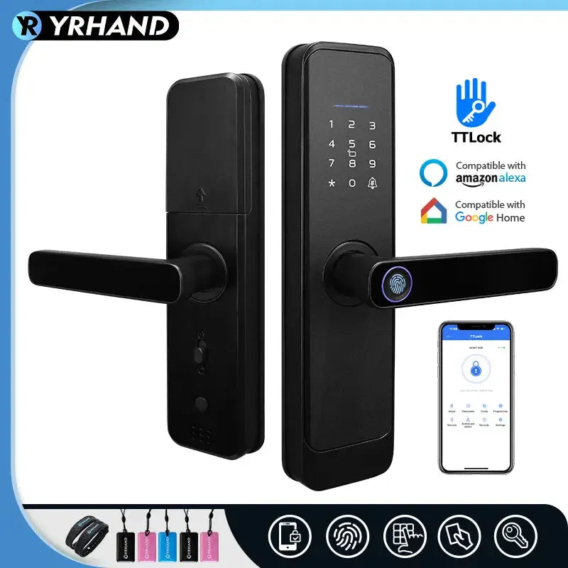 Fingerprint smart door lock by Simples Market with keypad and fingerprint scanner, black finish, TTLock app compatible
