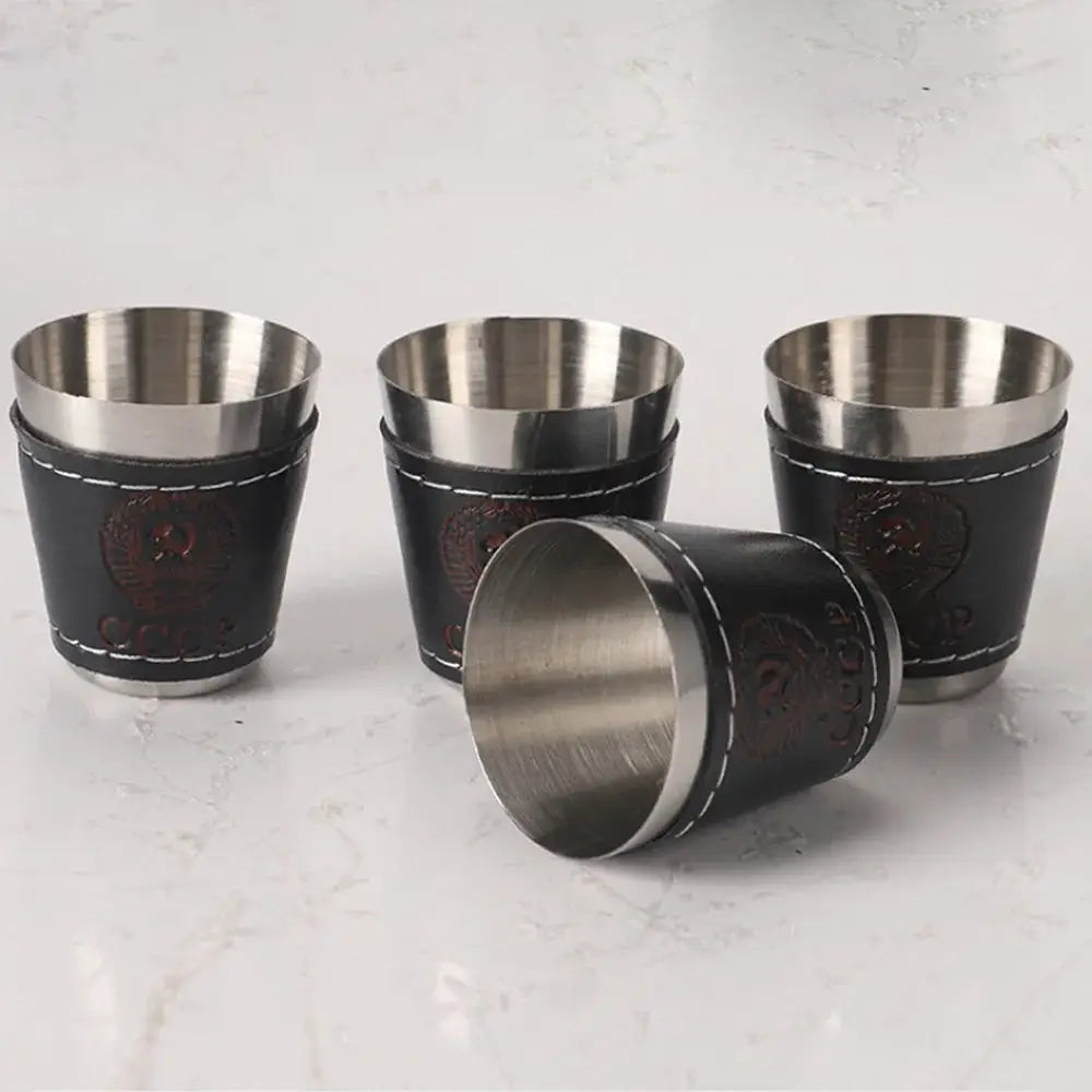 4-piece stainless steel travel cup set with black PU leather sleeves