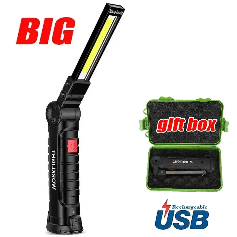 Portable COB LED work light with USB recharge, magnetic hook, and 18650 battery; black handheld flashlight (gift box)