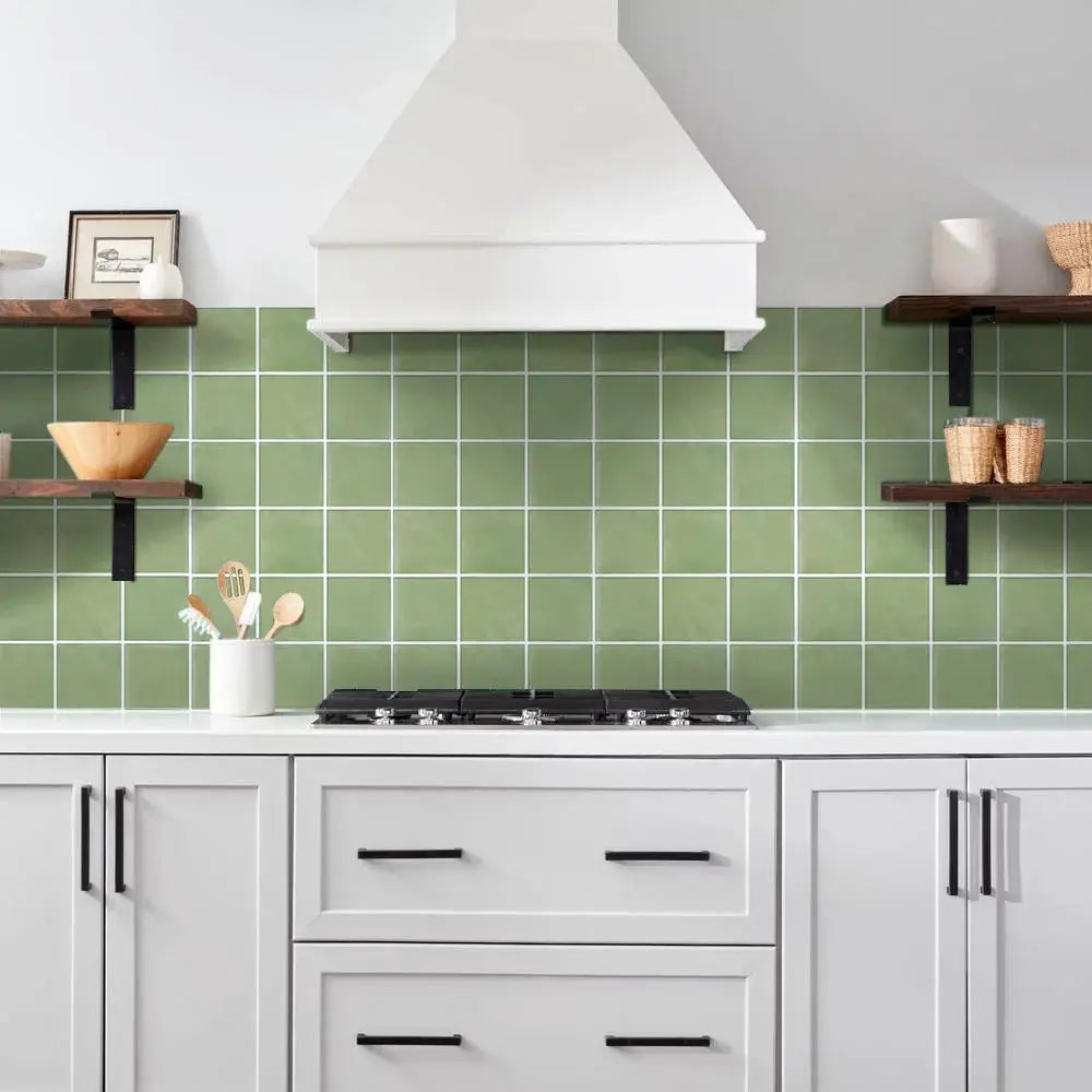 Simples Market 3D decorative tile stickers for kitchen backsplash; self-adhesive green square tiles