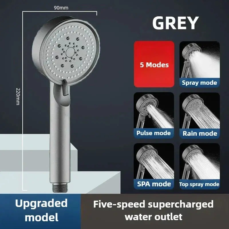 Grey five-mode adjustable shower head with high-pressure water outlet