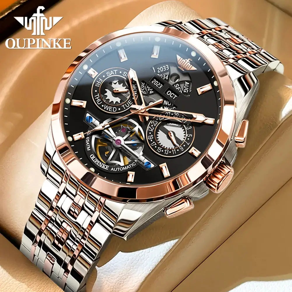 OUPINKE 3251 men's automatic skeleton watch with rose-gold bezel and two-tone steel bracelet