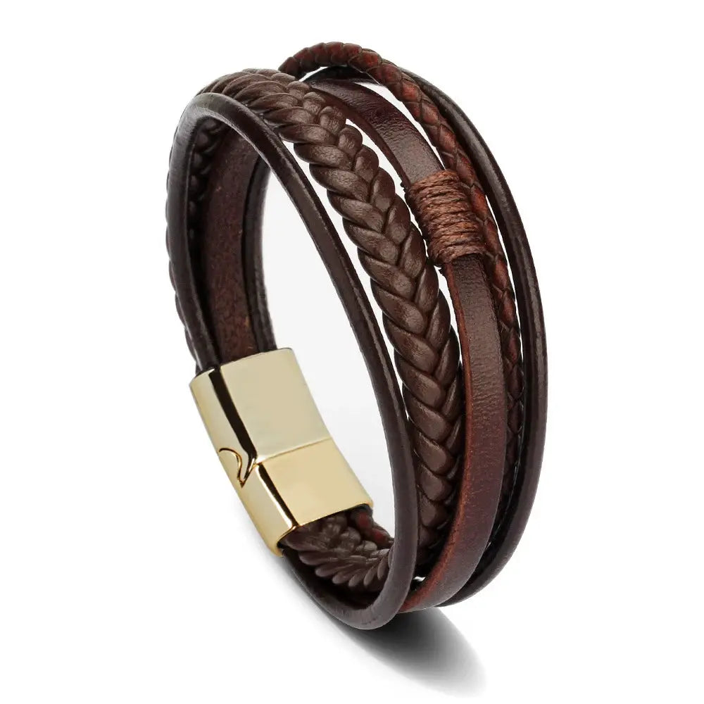 Vintage Multilayer Braided Leather Bracelet For Men Stainless Steel Rope Design Jewelry Gift