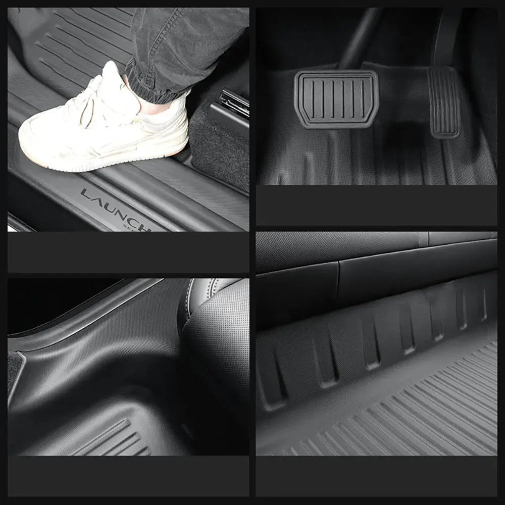 Tesla Model Y all-weather floor mats with door-sill protection strip in black (Juniper 2025–2026)
