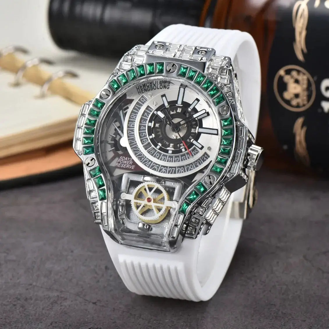 Men's luxury diamond-case watch with white rubber strap, green jeweled bezel and skeleton dial, quartz, Simples Market.