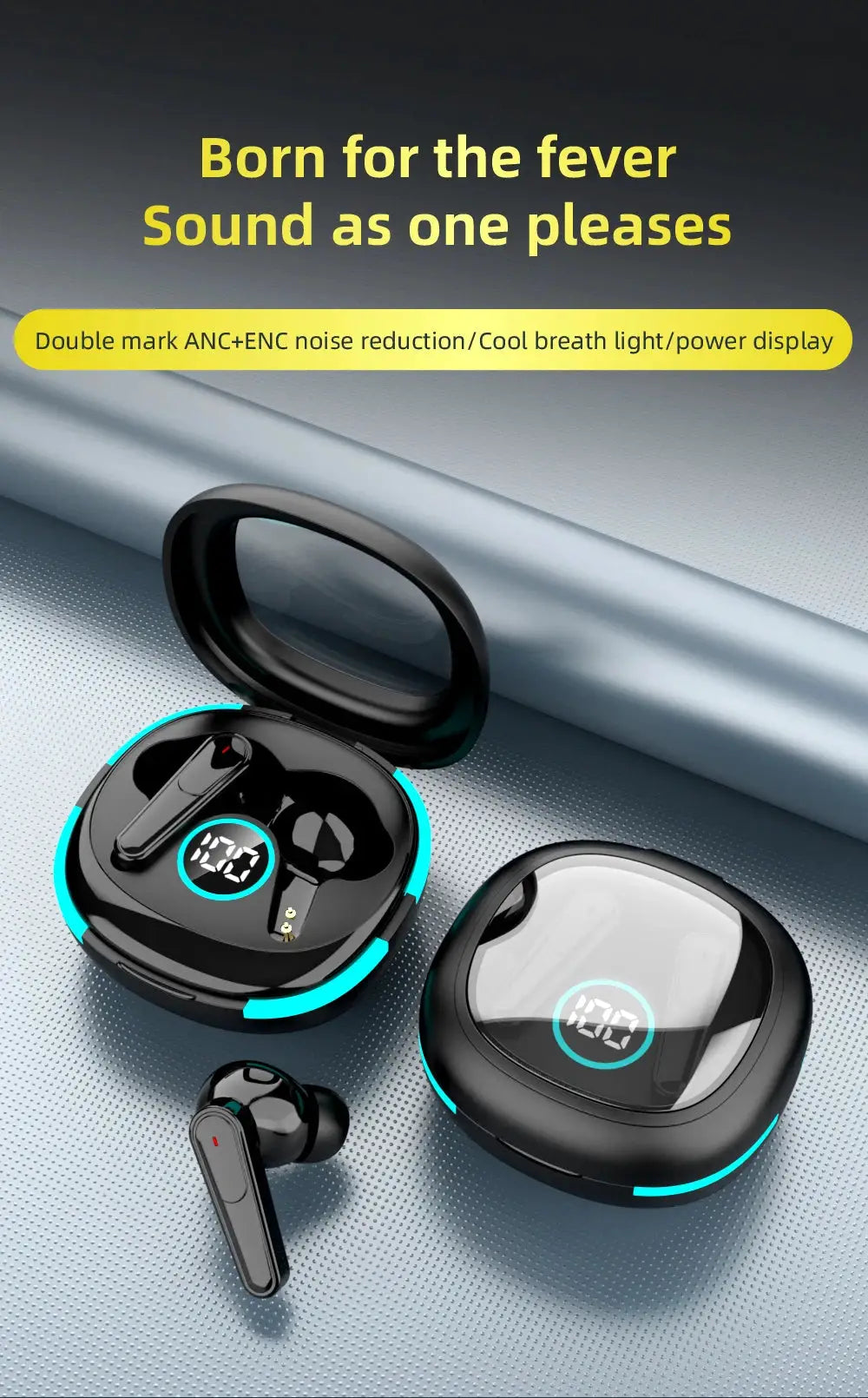 Plus50 ANC+ENC true wireless earphones with LED display; black charging case with cyan ring, two cases shown.
