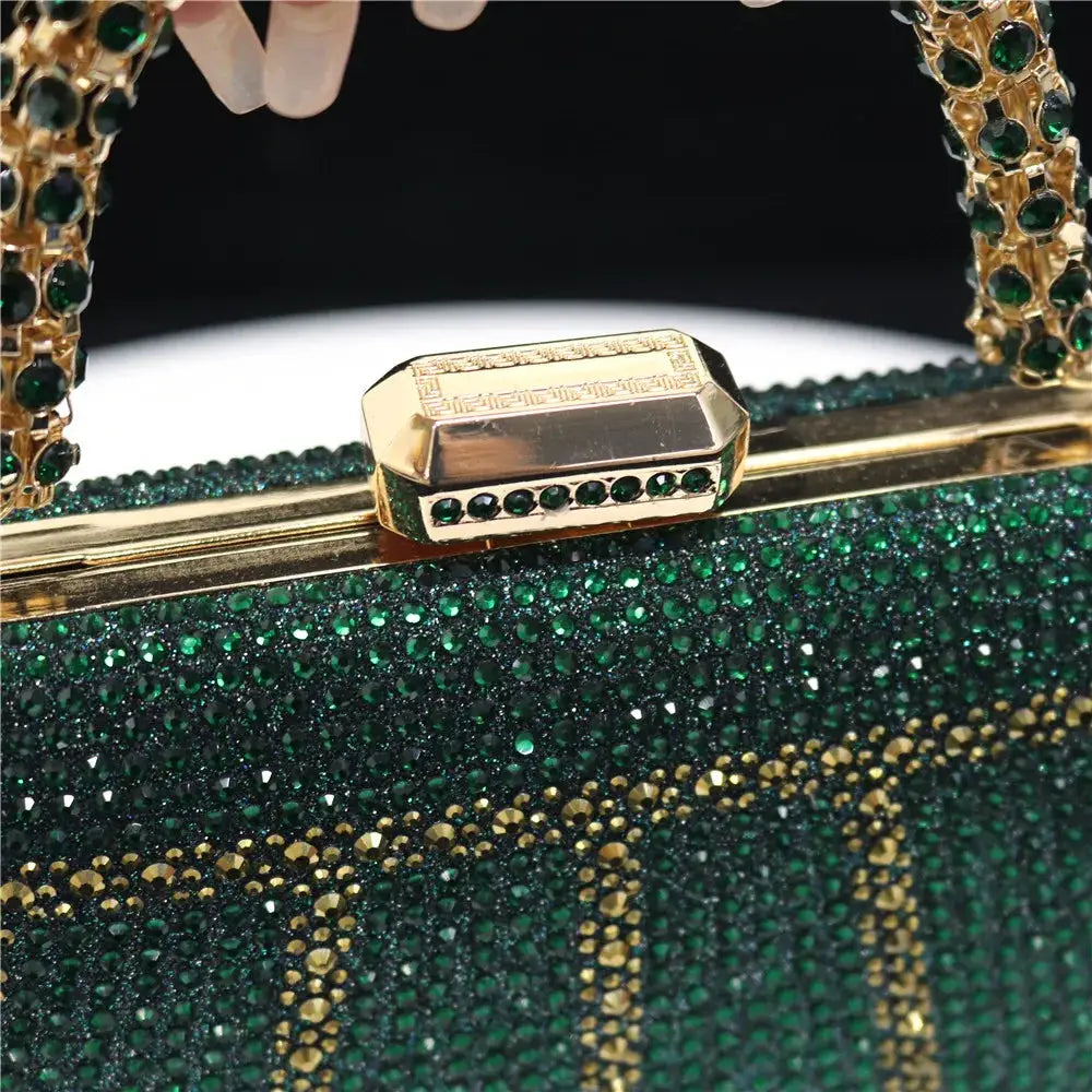Emerald rhinestone evening clutch with gold-tone hardware and diamond-design handle, long chain bag