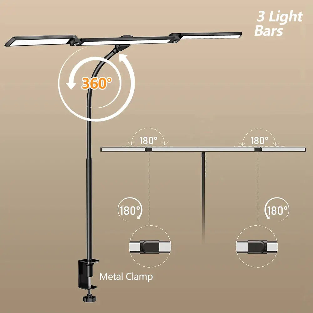 Eye-care LED clip-on metal desk lamp with 3 light bars, clamp mount, and 360°/180° adjustability.