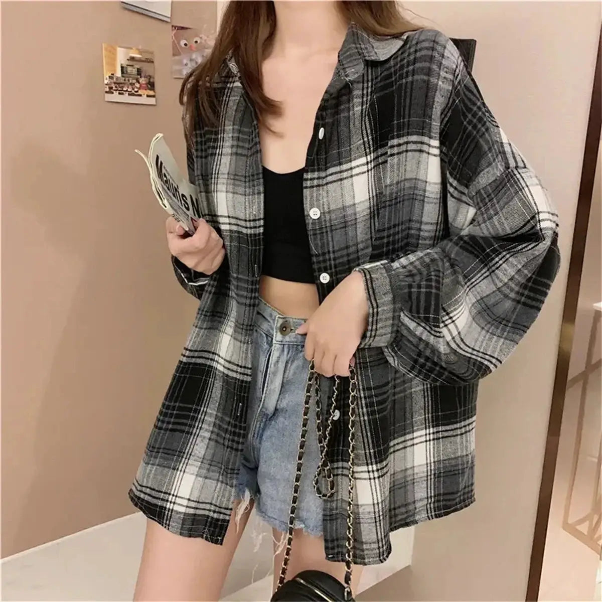 Korean plaid blouse, black and gray check, long sleeves