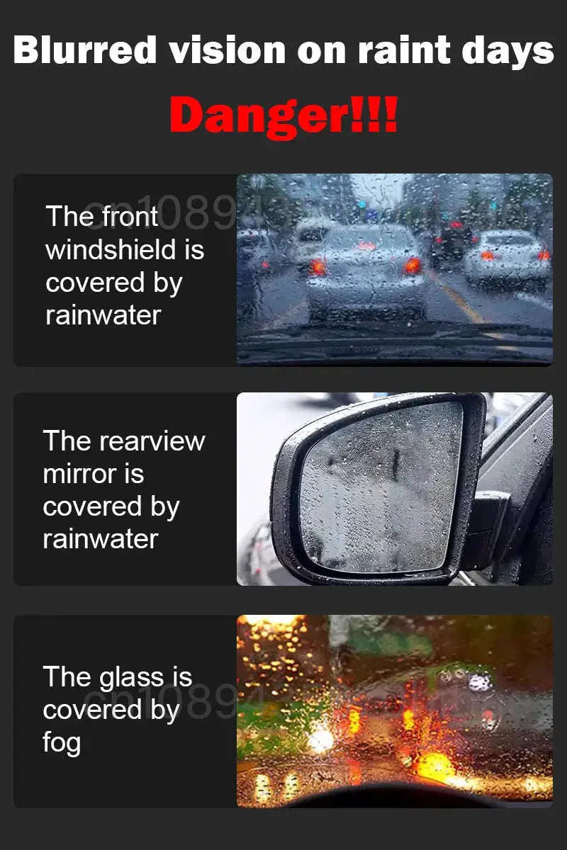 Car glass anti-rain spray by Simples Market collage showing windshield, rearview mirror, and fogged glass (3 panels)
