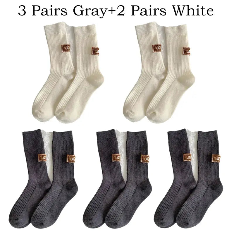 LuxWool Women Luxury Cashmere Wool Mid Calf Socks With Embroidered Logo For Snow Boots Thick Pile Warmth